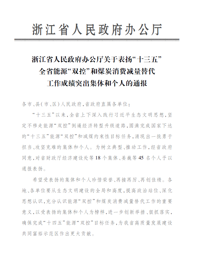 W66利来国际永嘉公司付金轩获“浙江省能源‘双控’工作成绩突出个人”表彰